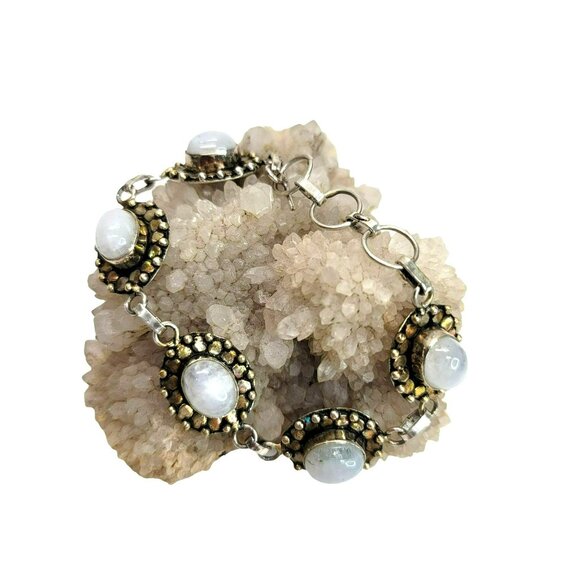 Moonstone Cabochon Bracelet T-bar Toggle Clasp Gold Silver Tone 6.5-7.5" LI103 - Picture 2 of 7